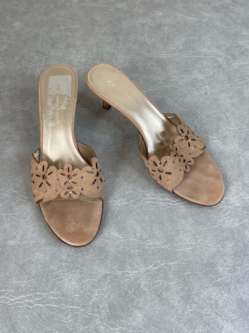 Anne Klein Tan Perforated Leather Floral Heels with Rhinestone Embellishment